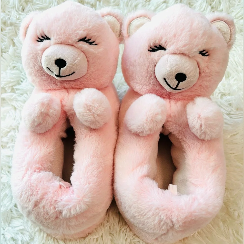 Old Navy Faux-Fur Pink Teddy Bear Critter Soft Plush Slippers for Girls XL (3-4)